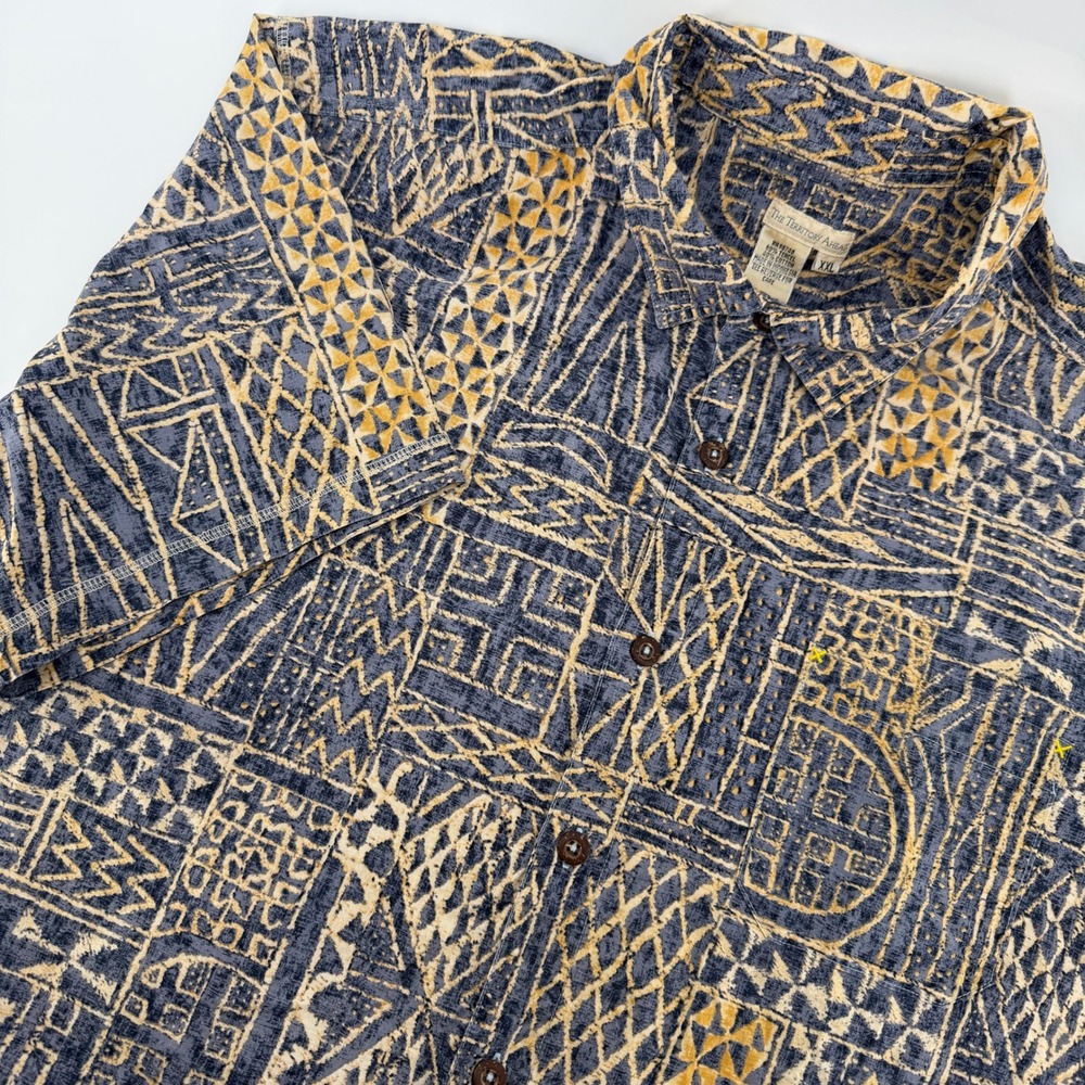 The Territory Ahead Button Down Shirt Mens XXL Blue Gold Geometric Tribal Tencel